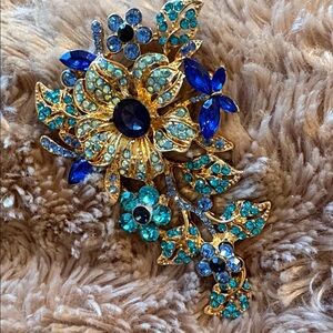 Gold and Blue Crystal Floral Brooch